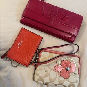 Coach Wallet Lot (3pcs) - Magenta Leather, Orange ID Case, & Signature Wristlet